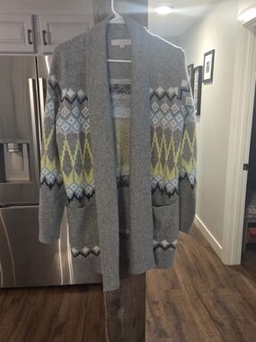 LOFT Gray Open Front Fair Isle Cardigan with Yellow & Blue Pattern